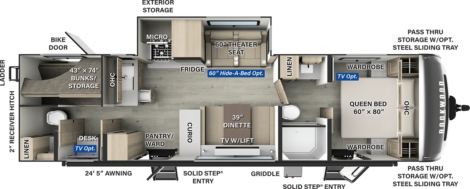 The Rockwood Ultra Lite Travel Trailers 2918BH has two entries and one slide out. Exterior features include: fiberglass exterior and 24'5" awning. Interiors features include: bunk beds, front bedroom and pass through bathroom.